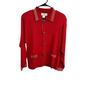 Lisa International Button Up Medium Cardigan Collared Sweater Pockets Cozy Vtg